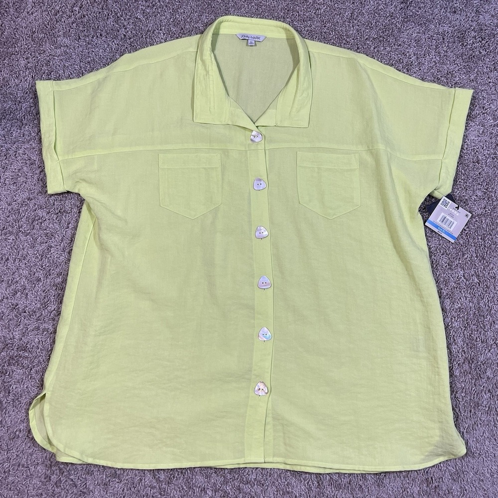 John Mark Button Front Short Sleeve Top XL Lime Neon Green Wire Collar Pockets